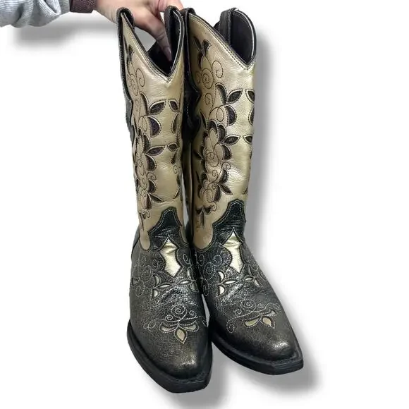 J.B. Dillon Calf Pointed Toe Black Gold Cowhide Leather Western Cowboy Boots 7.5 - Picture 3 of 10